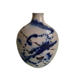 Art Pottery Salt Glaze Vase With Abstract Blue And Black Splatter Design Signed